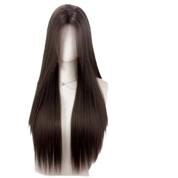 Full-head forehead lace wig with straight mid-length hair and styling accessories