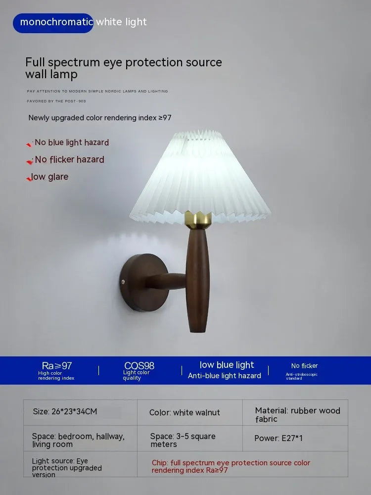American retro style wall lamp with fabric shade on solid rubber wood mount
