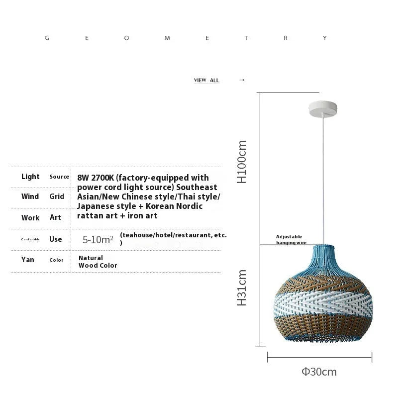 Woven vine Southeast Asian style pendant lamp with natural materials and warm white illumination