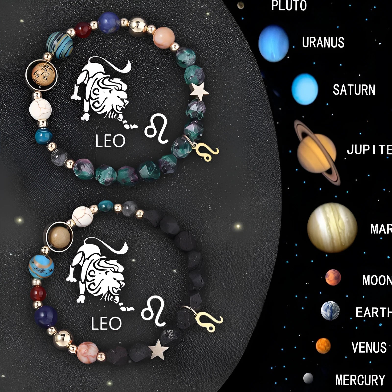 Two natural stone beaded bracelets with metal zodiac sign charms on a white background.