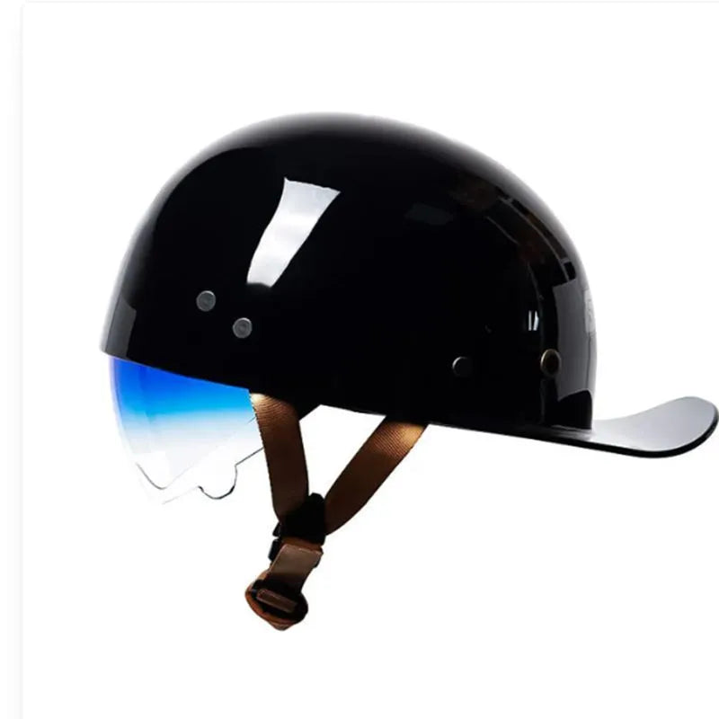 Men's retro half-shell electric bicycle helmet in bright black gradient blue with blue lens
