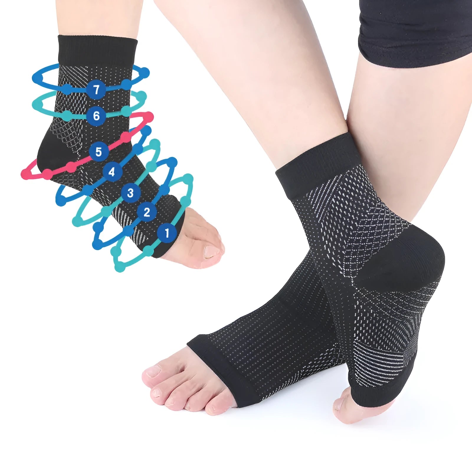 Open-toe compression foot sleeves in white and black nylon spandex with arch and ankle support for sports