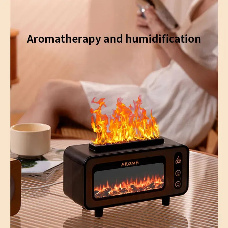 200ml black ultrasonic flame humidifier with simulated 3D fireplace fire effect and 7 colour LED light