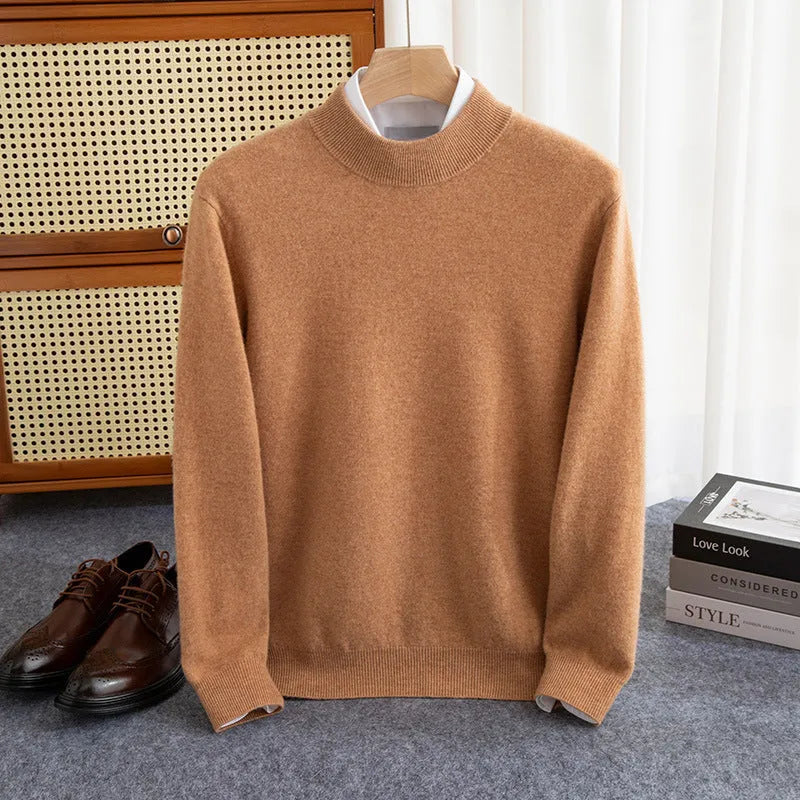 Men's half-collar wool sweater in a loose fit, shown in a choice of colours including black, brown, camel, and grey.