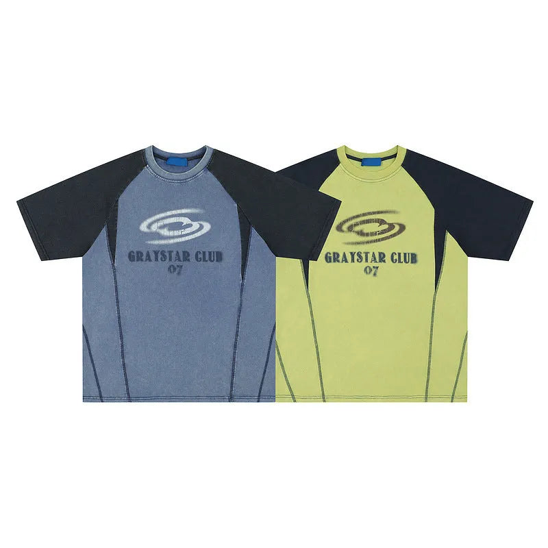 Men's blue hip hop letter print t-shirt with raglan sleeves and loose fit design
