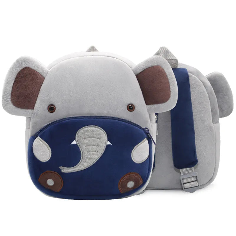Children's plush animal backpack in various designs including elephant, bee, flamingo and unicorn styles