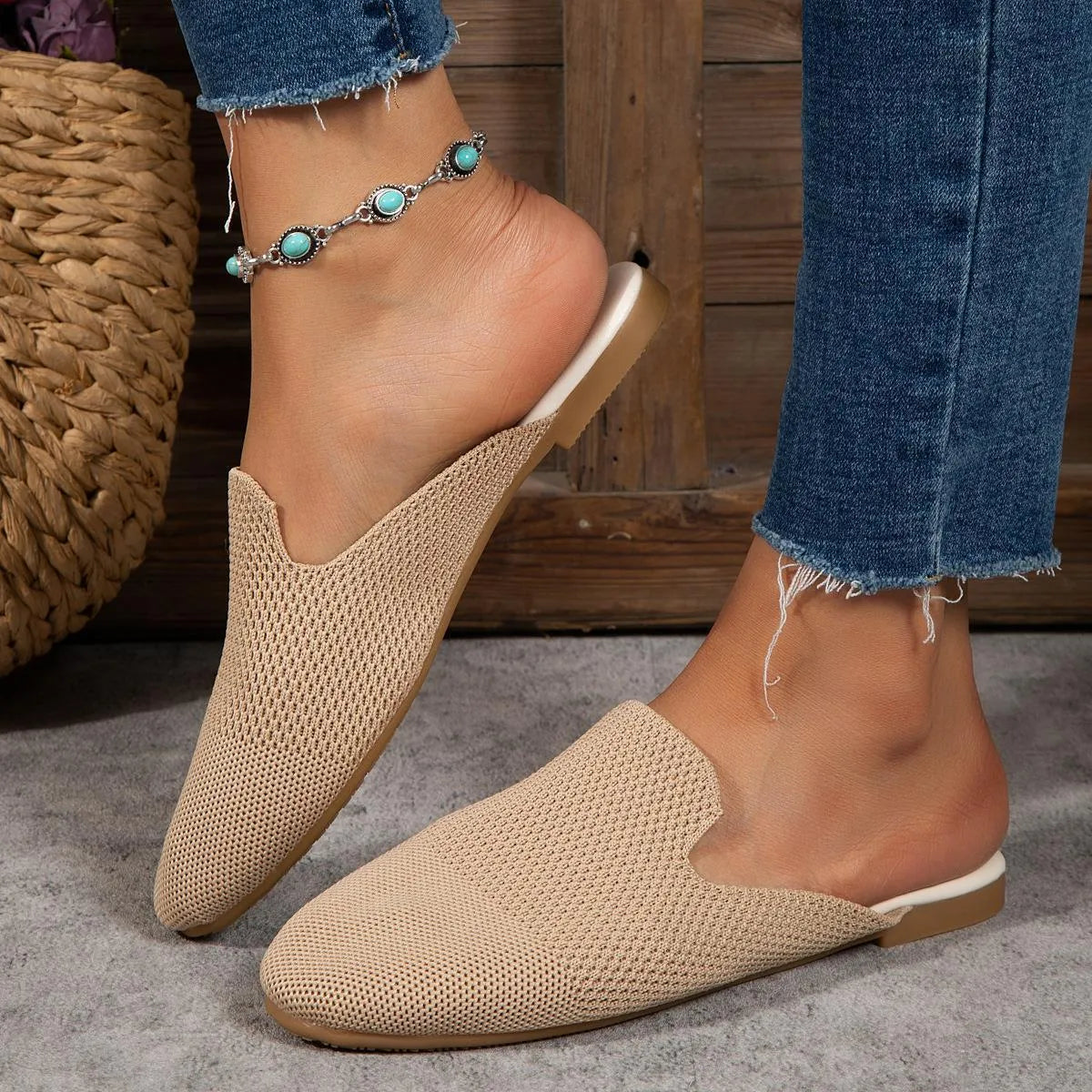 Mesh sandals in apricot, blue, and green colours showing cloth upper and flat rubber sole.
