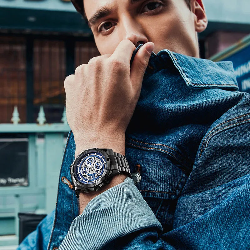 Men's waterproof luminous quartz watch with steel strap in black and blue colour variant