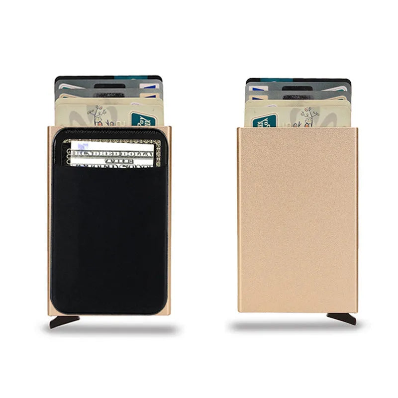 Frosted aluminium metal credit card holder in multiple solid colours showing slim profile