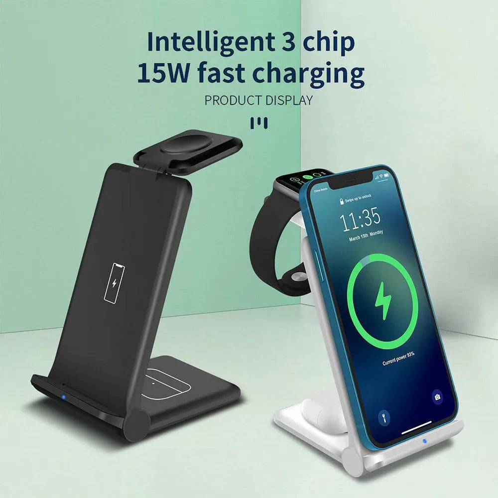 Black and white 3-in-1 foldable wireless charging station for phones AirPods and Apple Watch