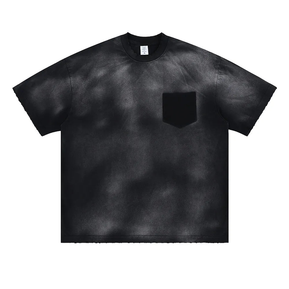 Black men's loose cotton t-shirt with a white letter print and drop-shoulder short sleeves.