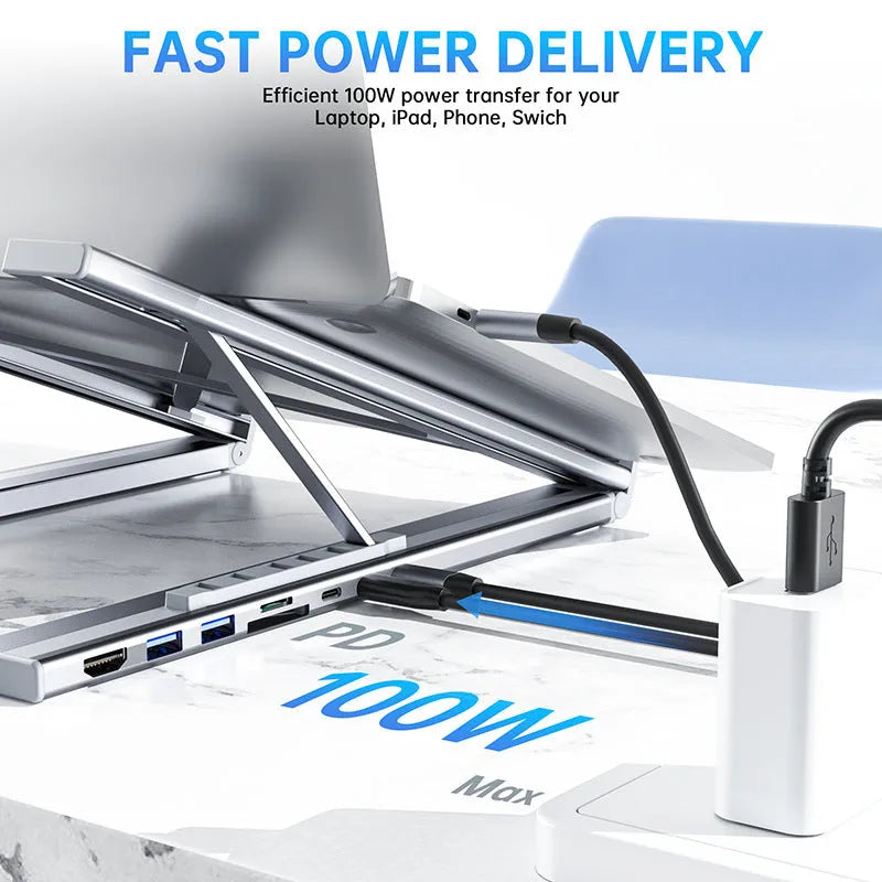 Aluminium alloy laptop docking station with foldable stand and multi-interface hub