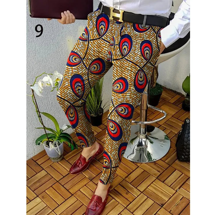 Man wearing slim-fit straight leg casual trousers with a 3D printed plaid pattern in a neutral colour.