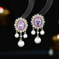 Oval geometric zircon inlaid pearl tassel earrings in light purple, pink, white or light blue colours