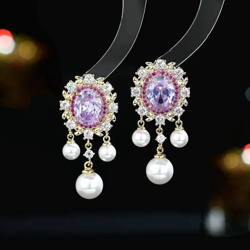 Oval geometric zircon inlaid pearl tassel earrings in light purple, pink, white or light blue colours