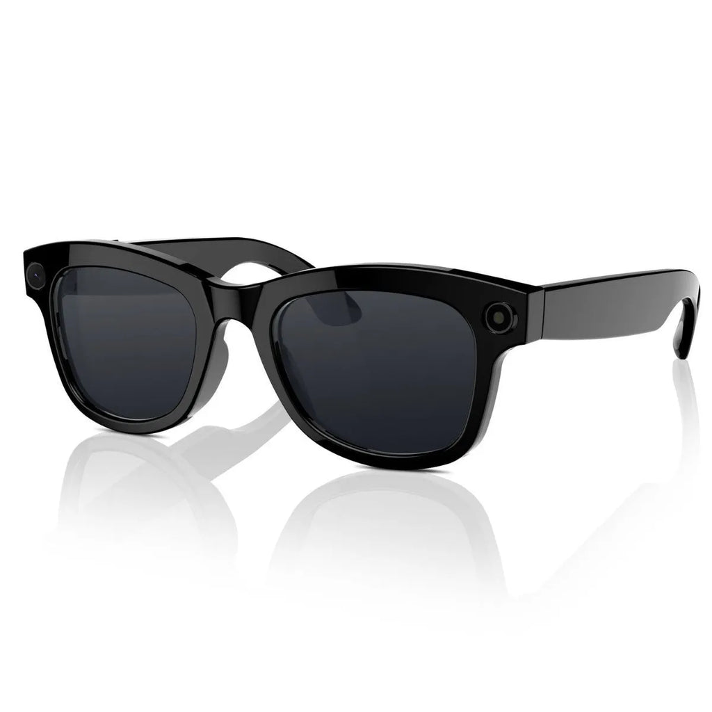 M01 black and transparent lens AI translation smart glasses with a built-in HD camera on a PC ABS frame.