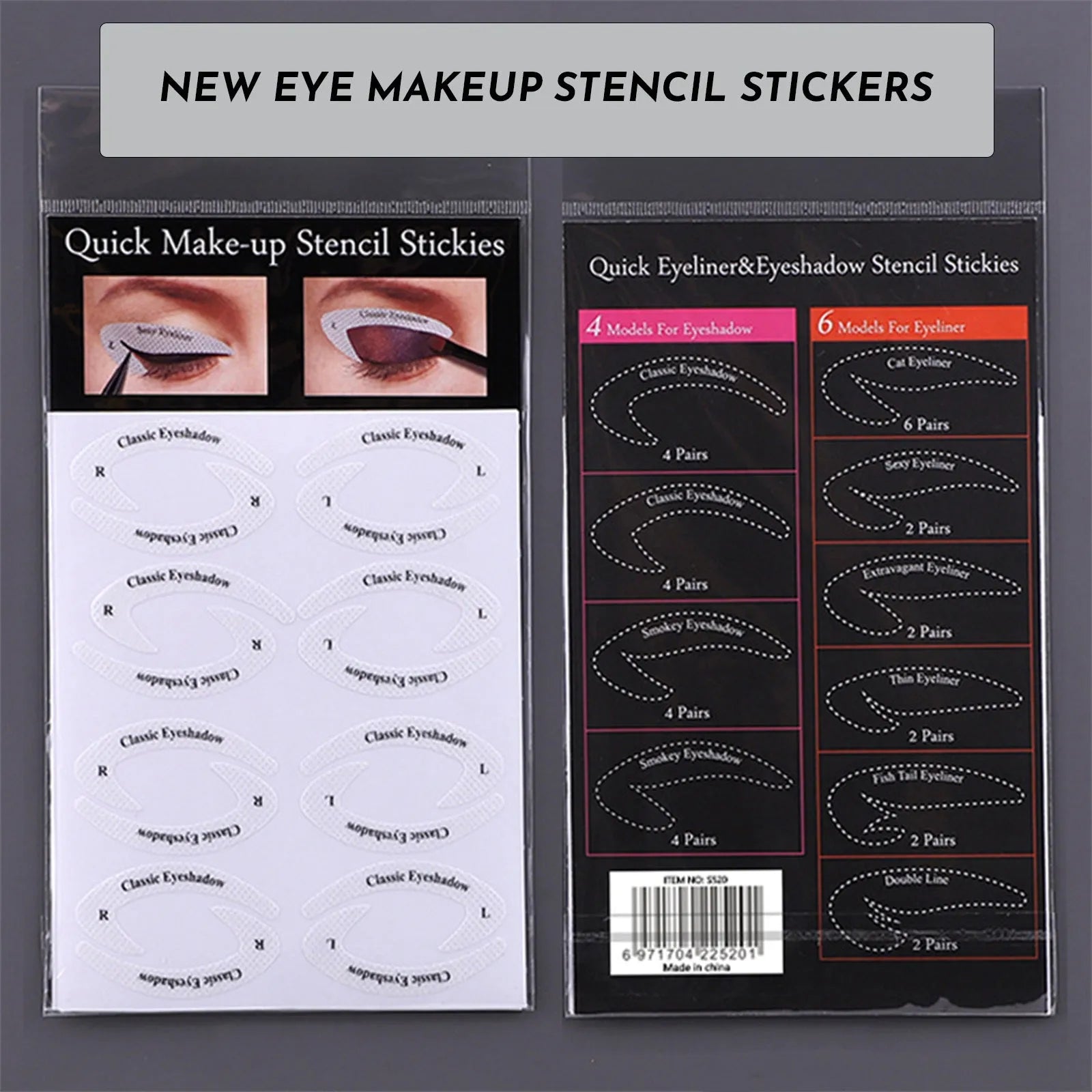 Set of four reusable flexible eyeliner and eyeshadow makeup sticker templates on a table