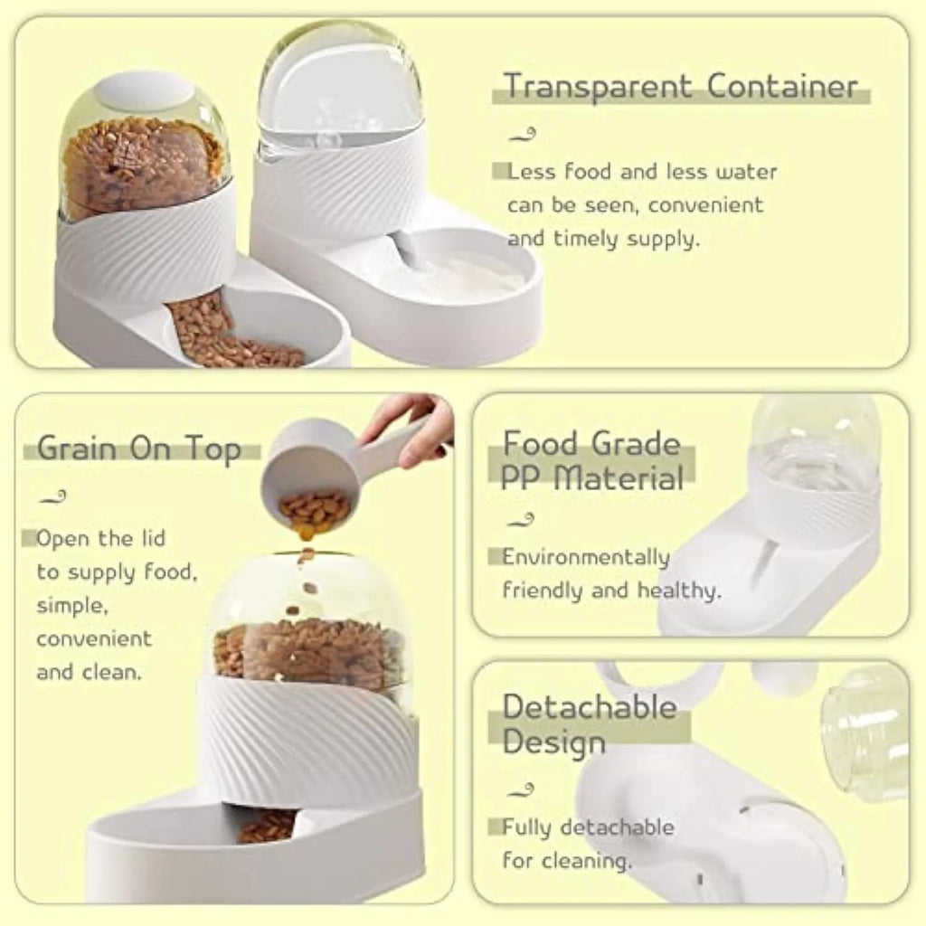 White automatic cat feeder and water dispenser set with wave-shaped design on a floor.