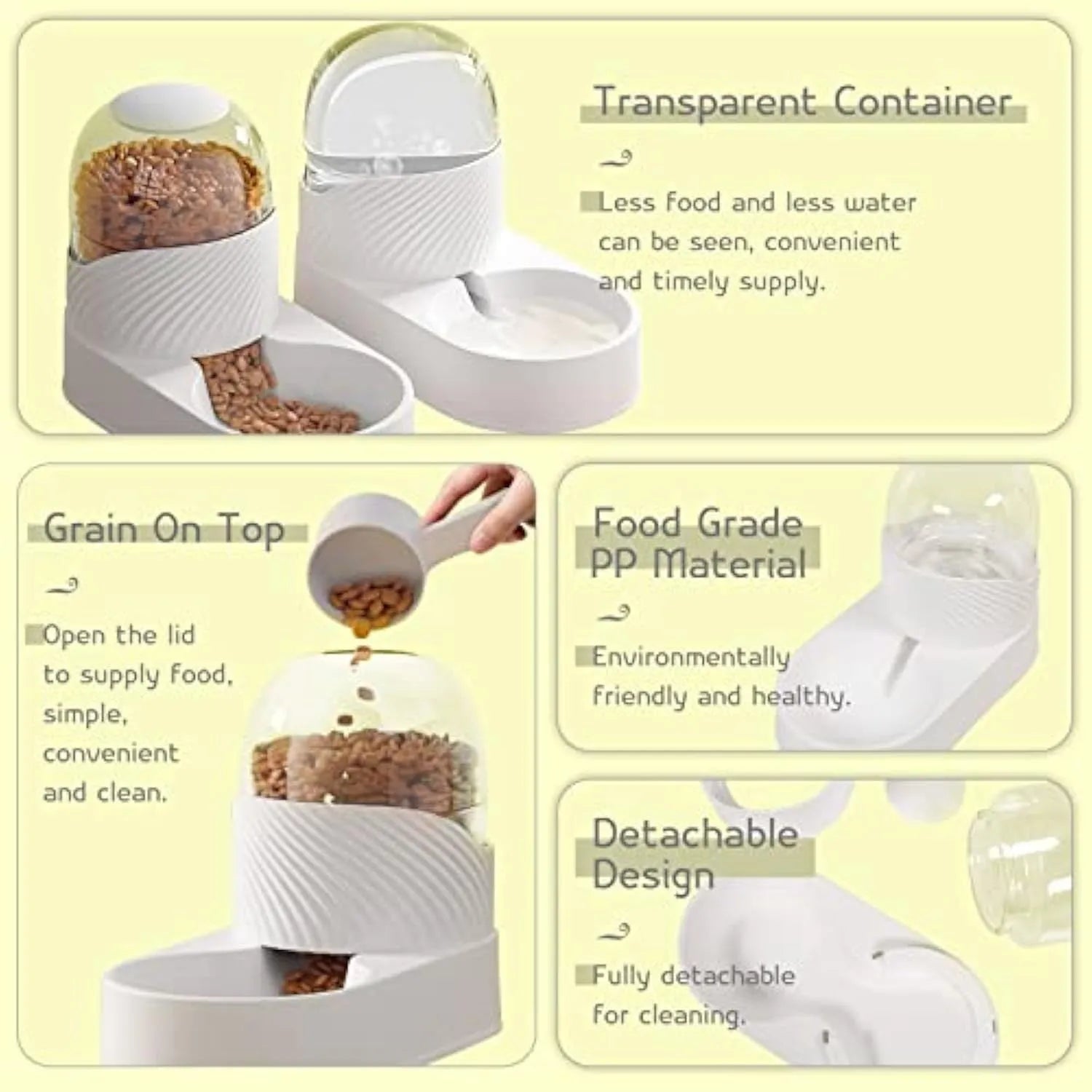 White automatic cat feeder and water dispenser set with wave-shaped design on a floor.
