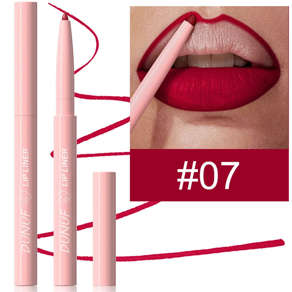 Velvet matte lip liner pencil in a choice of 12 colours for easy application.