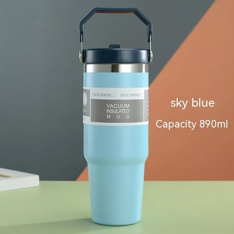 30oz insulated stainless steel travel tumbler with powder-coated finish and splash-proof sliding lid