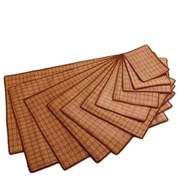 Brown woven rattan cooling sleeping mat for dogs on a floor, shown in a large size.