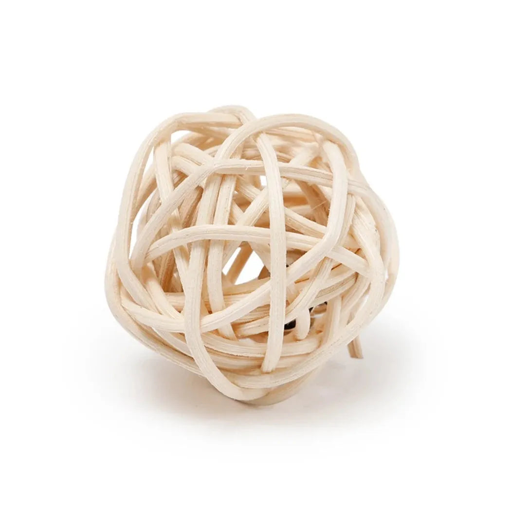 Two cat toy balls: hollow rattan sphere and faux feather ball with bell
