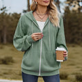 Green women's hooded sweater coat with full-length front zipper and loose casual fit