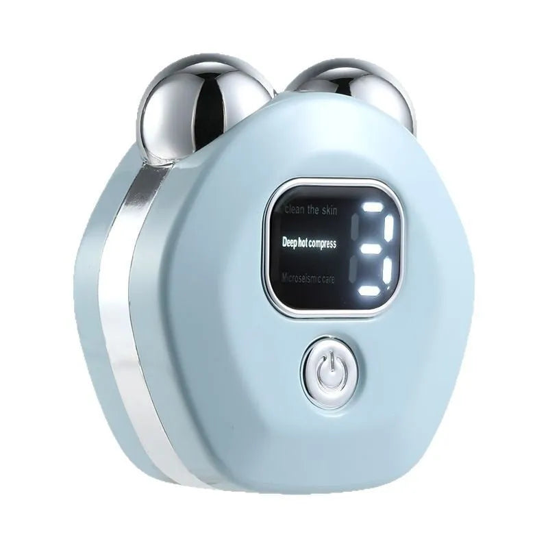 Portable white microcurrent facial massager with dual roller heads and hot compress function.