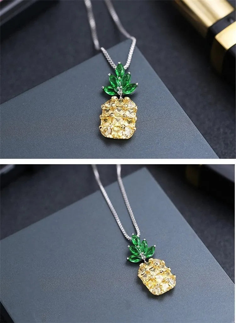 Women's geometric pineapple necklace with silver finish and detailed fruit charm