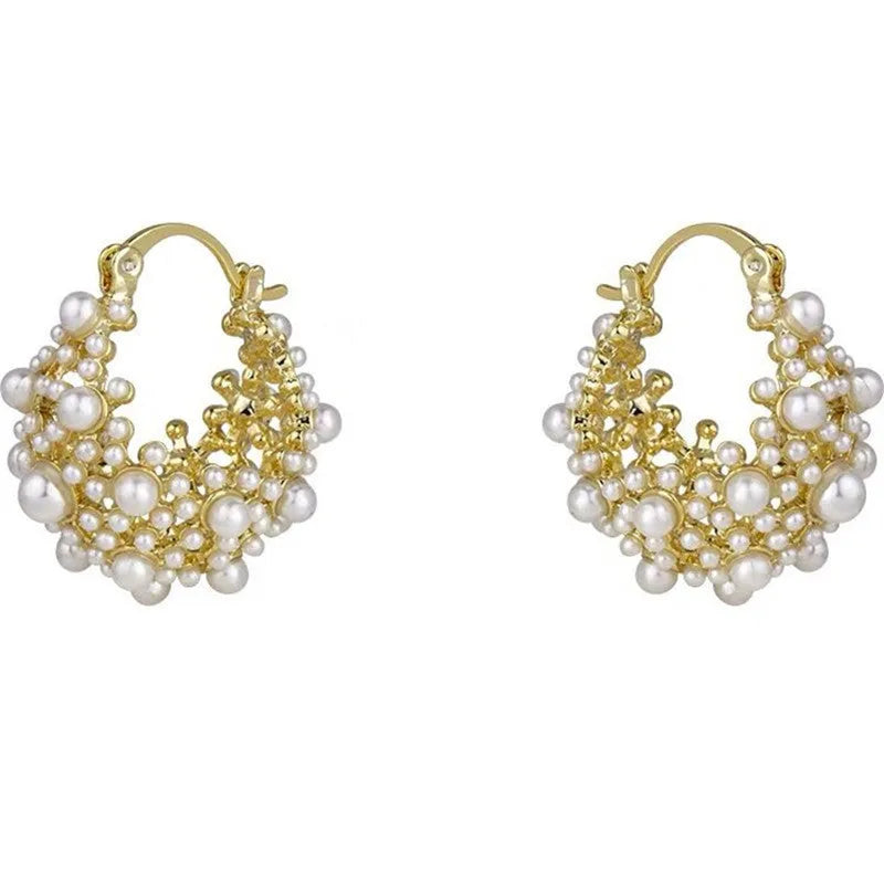 Gold colour copper flower basket earrings with small bead floral pattern and pearl inlay