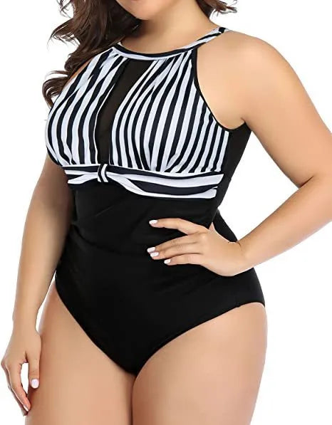 Women's black lace one-piece swimsuit on a mannequin, plus size swimwear option