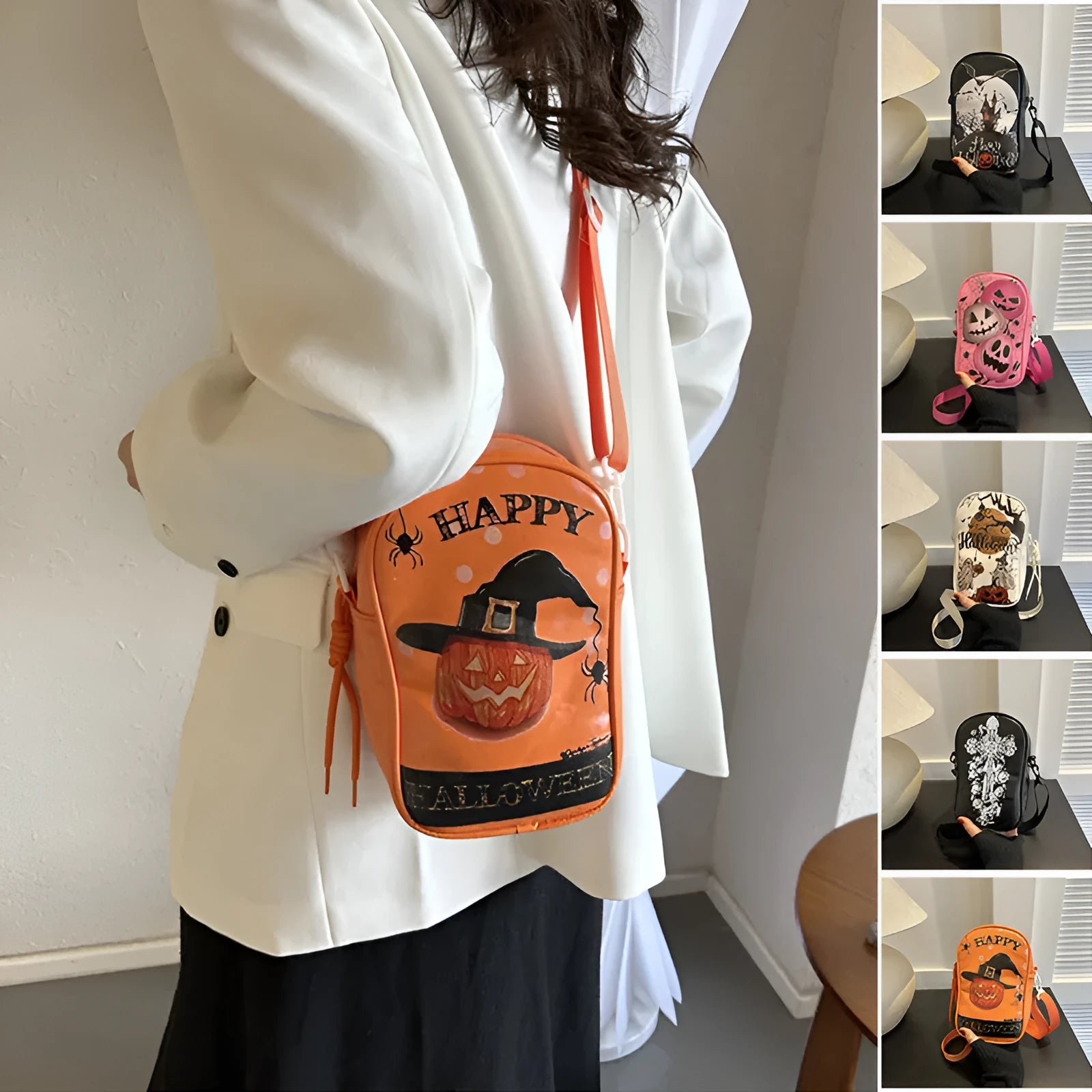 Halloween graffiti mini crossbody phone bag with cartoon pumpkin ghost bat print in black colour