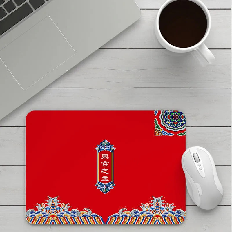 Custom cartoon mouse pad with thickening, showing example artwork on non-slip rubber and cloth base.