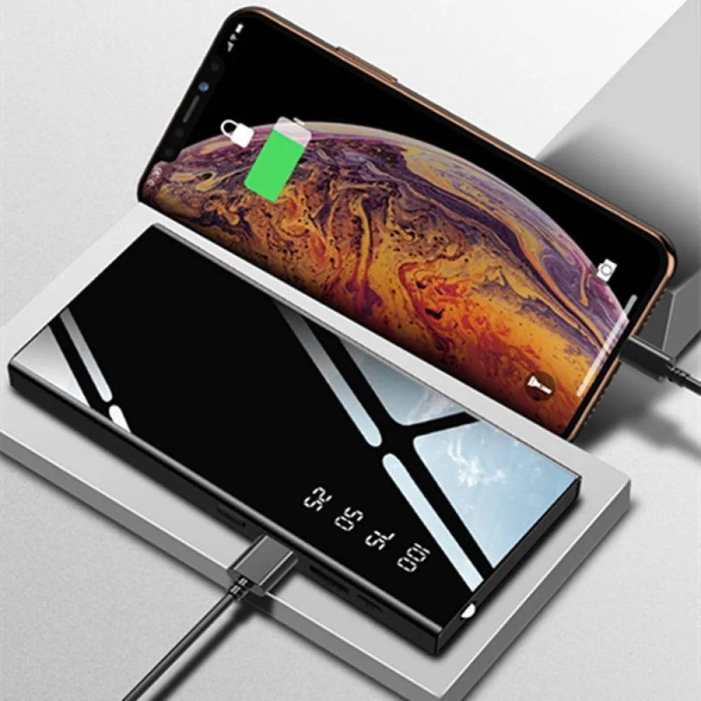 20000mAh portable power bank with LCD display and dual USB ports in black colour