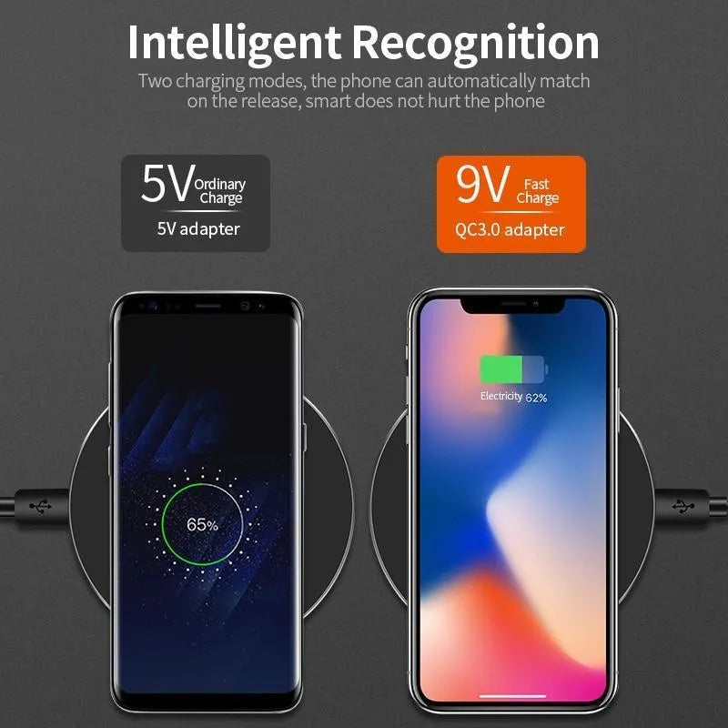 Black ultra-thin wireless fast charging pad with 98mm square dimensions for smartphone charging