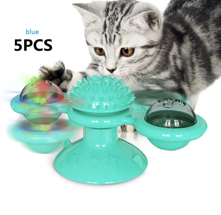 Cat rotating windmill toy with suction base and two transparent bins on blades
