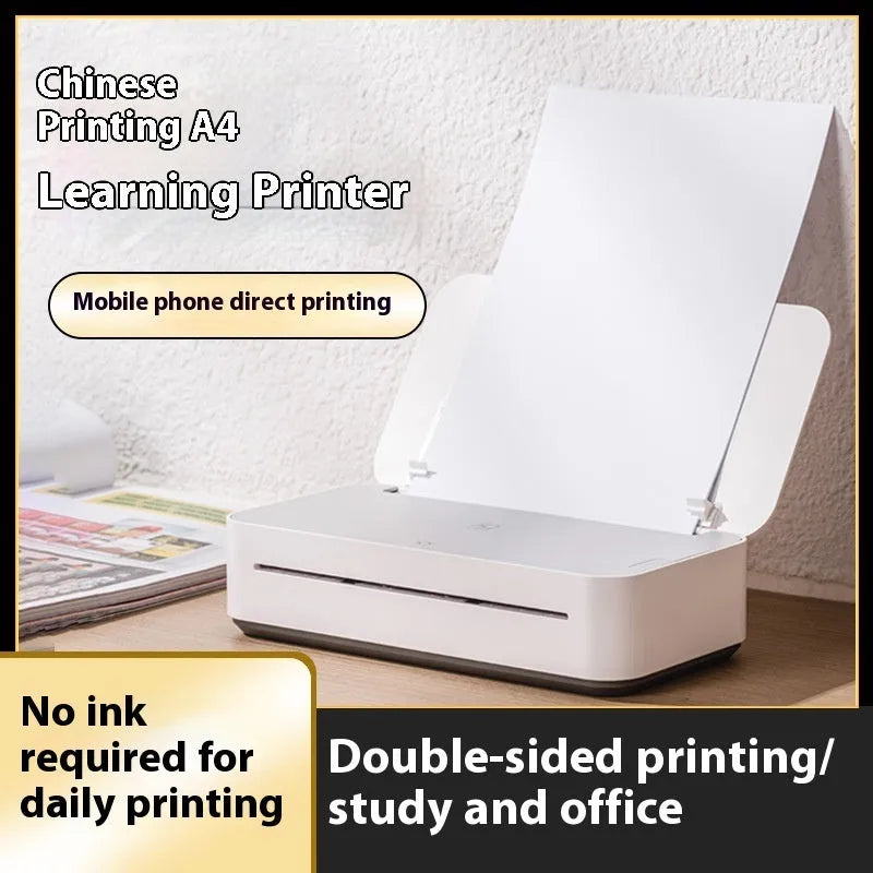 Small intelligent thermal printer with plastic housing, ribbon cartridge, and paper pack for remote learning and home printing.