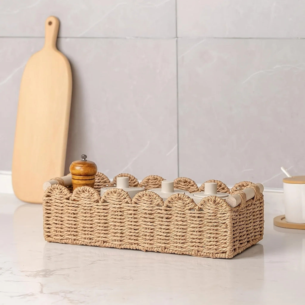 Rectangular woven paper storage basket in modern style measuring 35.5cm long for desktop organisation