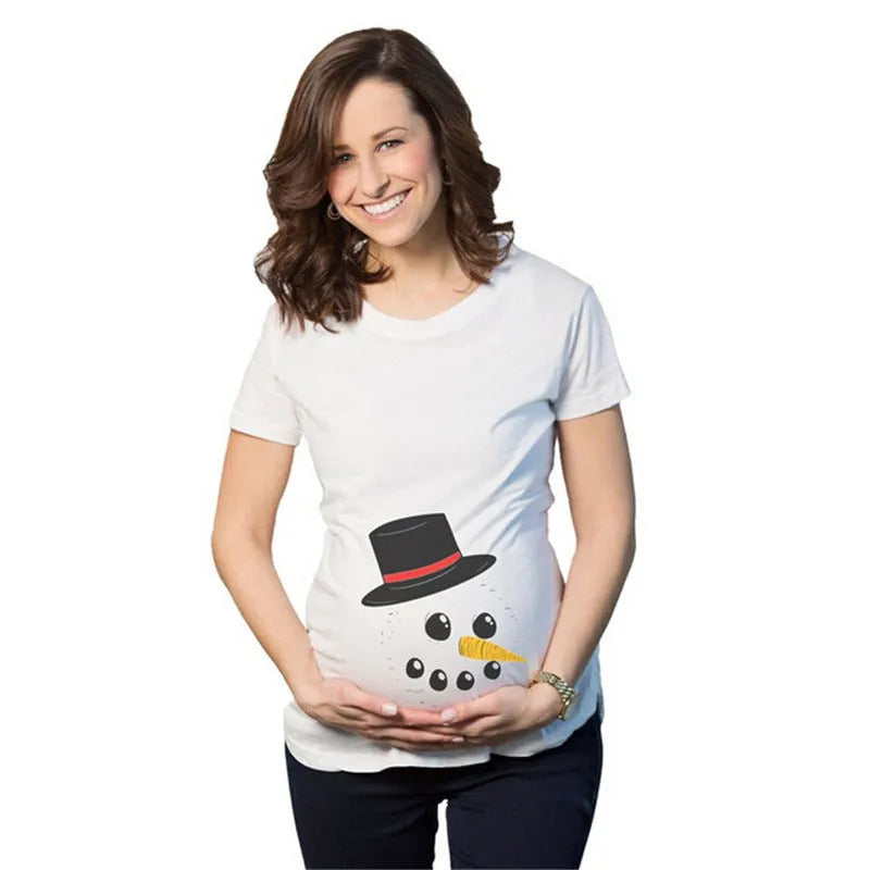 White cotton maternity t-shirt with hand print pattern, round collar, short sleeves on model