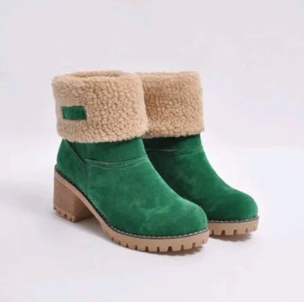 Women's mid-tube suede snow boot in black with a thick heel and round toe.