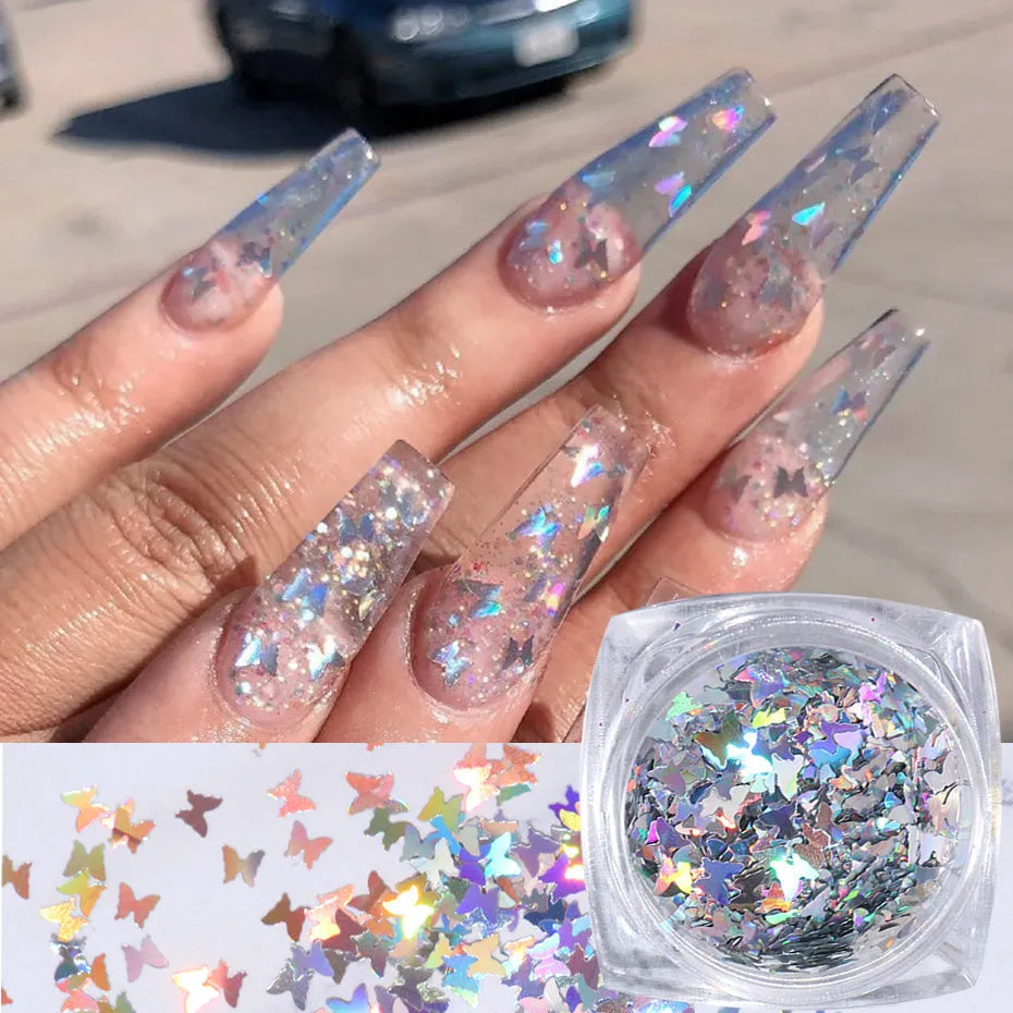 Butterfly sequin nail decoration in 12-colour glitter mix in a case for nail art