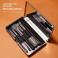 Multifunctional makeup brush suit with mirror showing artificial fibre brushes in silver or gold handles