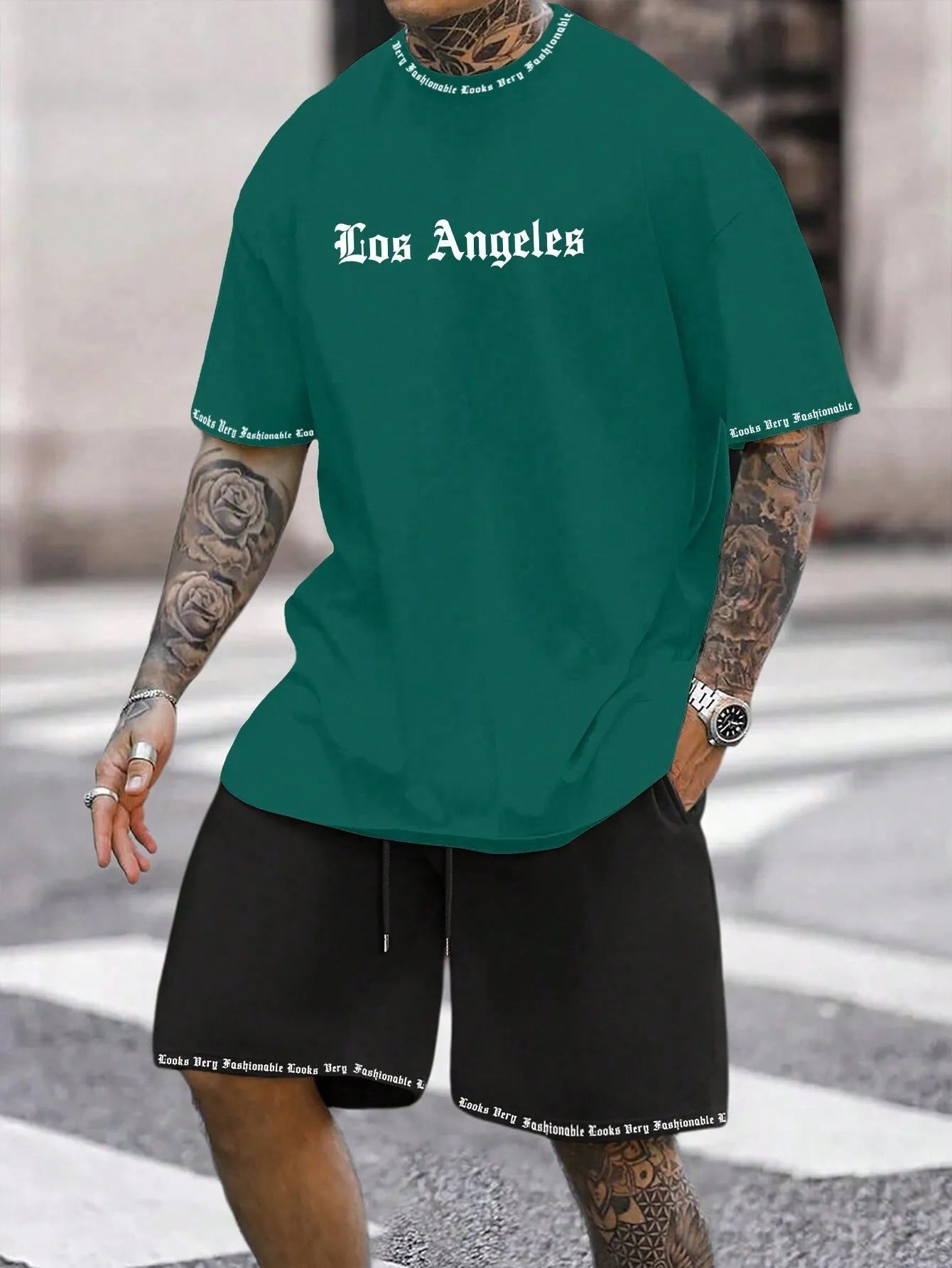 Men's printed polyester blend short sleeve top and matching shorts casual sports set
