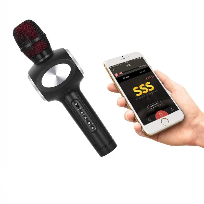 Yaerjia E108 handheld karaoke microphone in black, gold, or pink colour with built-in speakers.