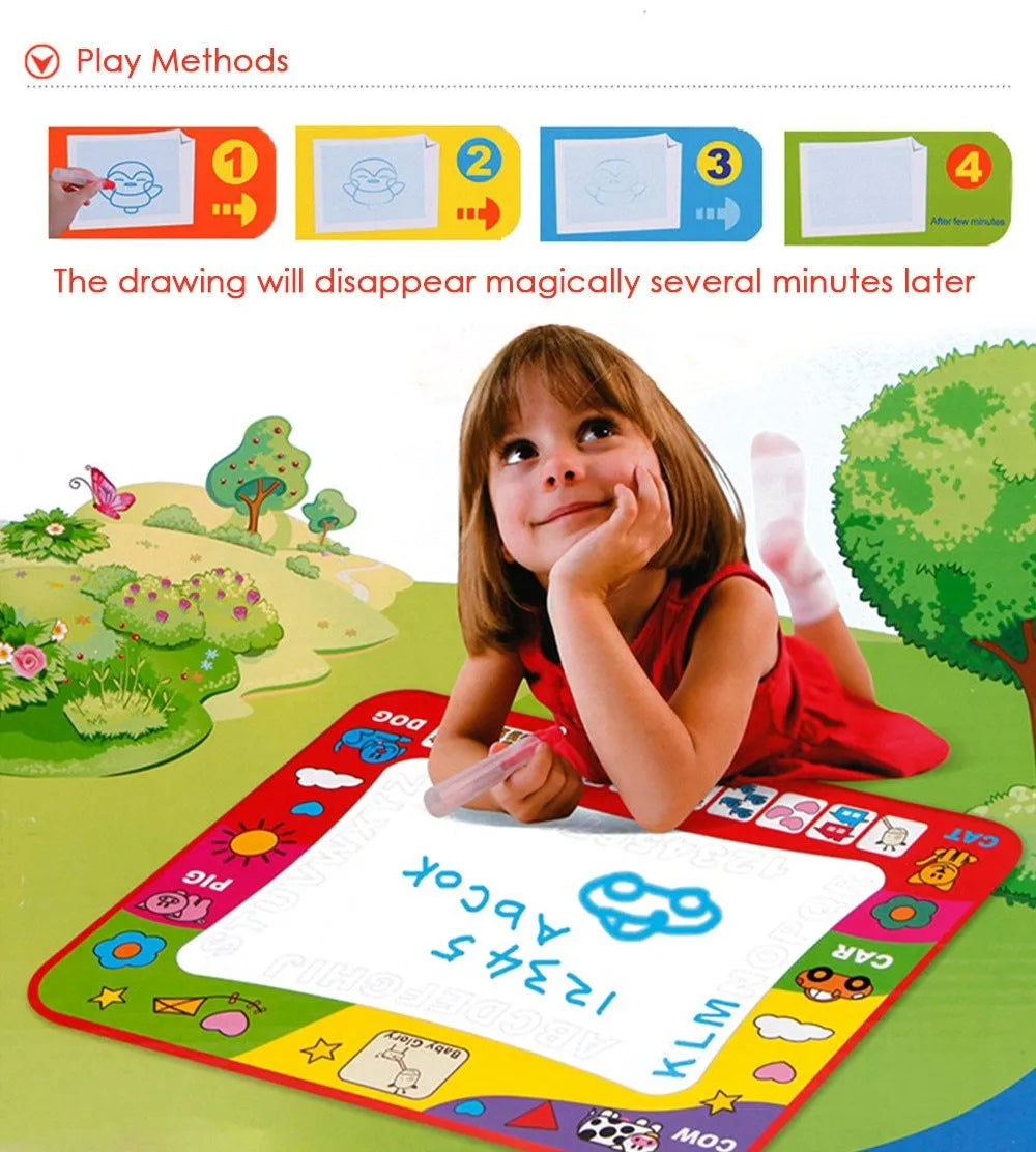 80x60cm children's water doodle drawing mat with two magic pens, showing a white drawing area with foggy letters and numbers around the edge