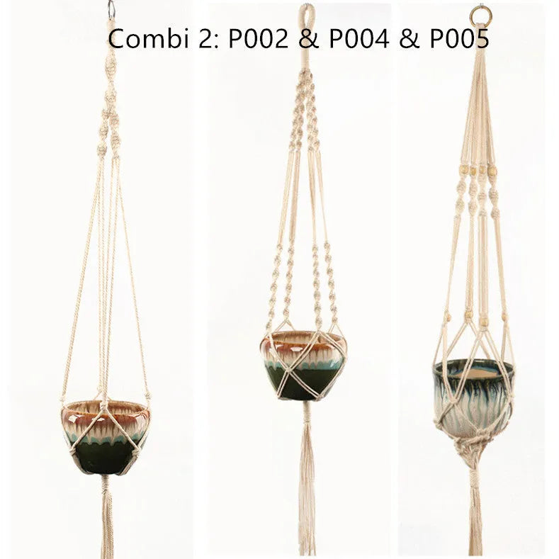Woven wire cotton rope macramé plant hanger in a European village style, shown as a desktop, wall-mounted, and hanging basin.