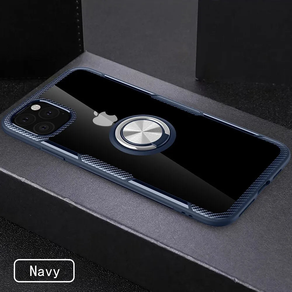 Black iPhone case with integrated car holder on the back, showing button cut-outs and PU leather texture.