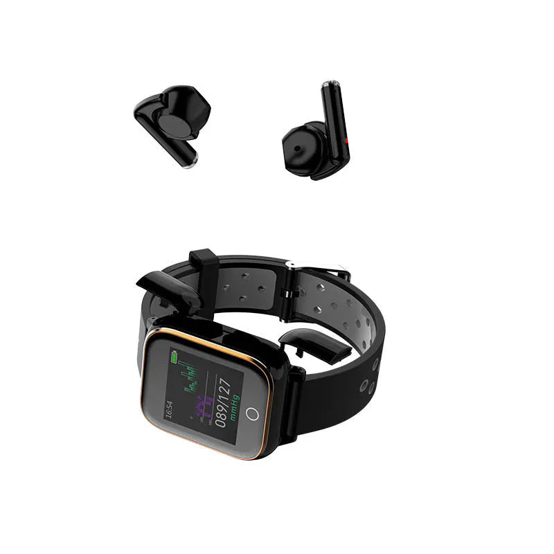 Black smart watch and Bluetooth earphones 2-in-1 fitness tracker on wrist with earbuds stored in watch case.