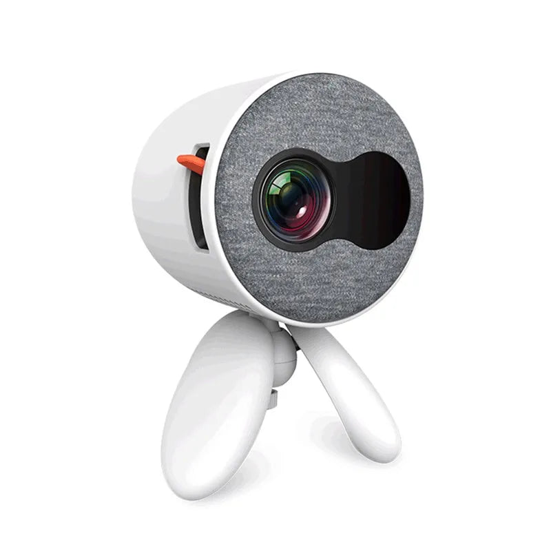 YG220 white and yellow LED projector showing adjustable 24-80 inch screen size projection